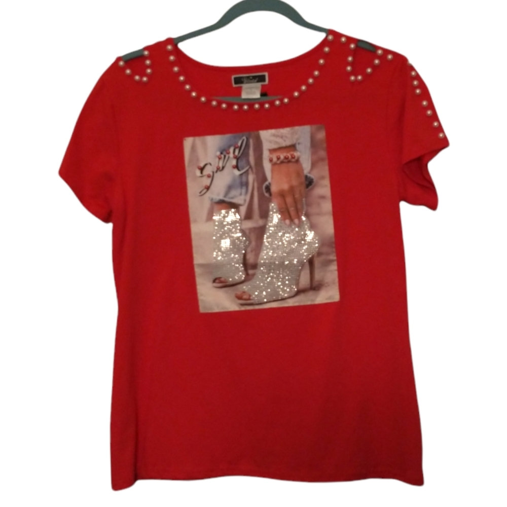 Vivid Blinged Out Graphic Tee-Shirt with Pearl Bead Embellishments Medium Red